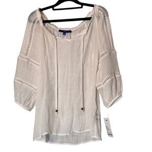 Apt. 9 White Tie Front lose fitting boho blouse eyelet detail bohemian beads